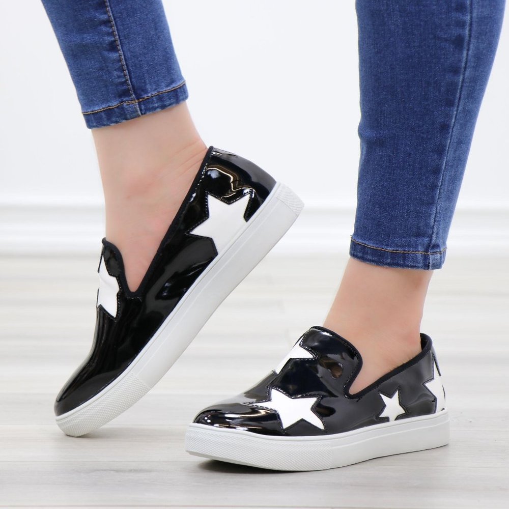 Black With White Stars Patent Sneakers Shoes - Picture 11 of 14